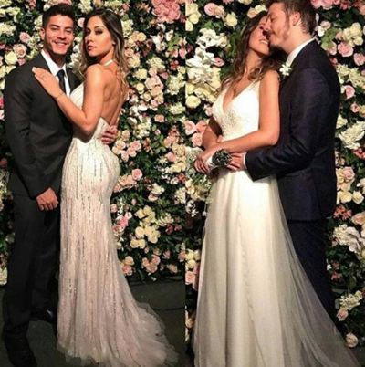 Mayra Cardi de vestido branco no casamento de Fábio Porchat e Nataly Mega